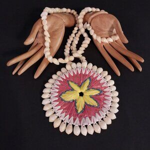 Cowrie Shell Lei Necklace With Floral Woven Pendant Medallion Pink Yellow